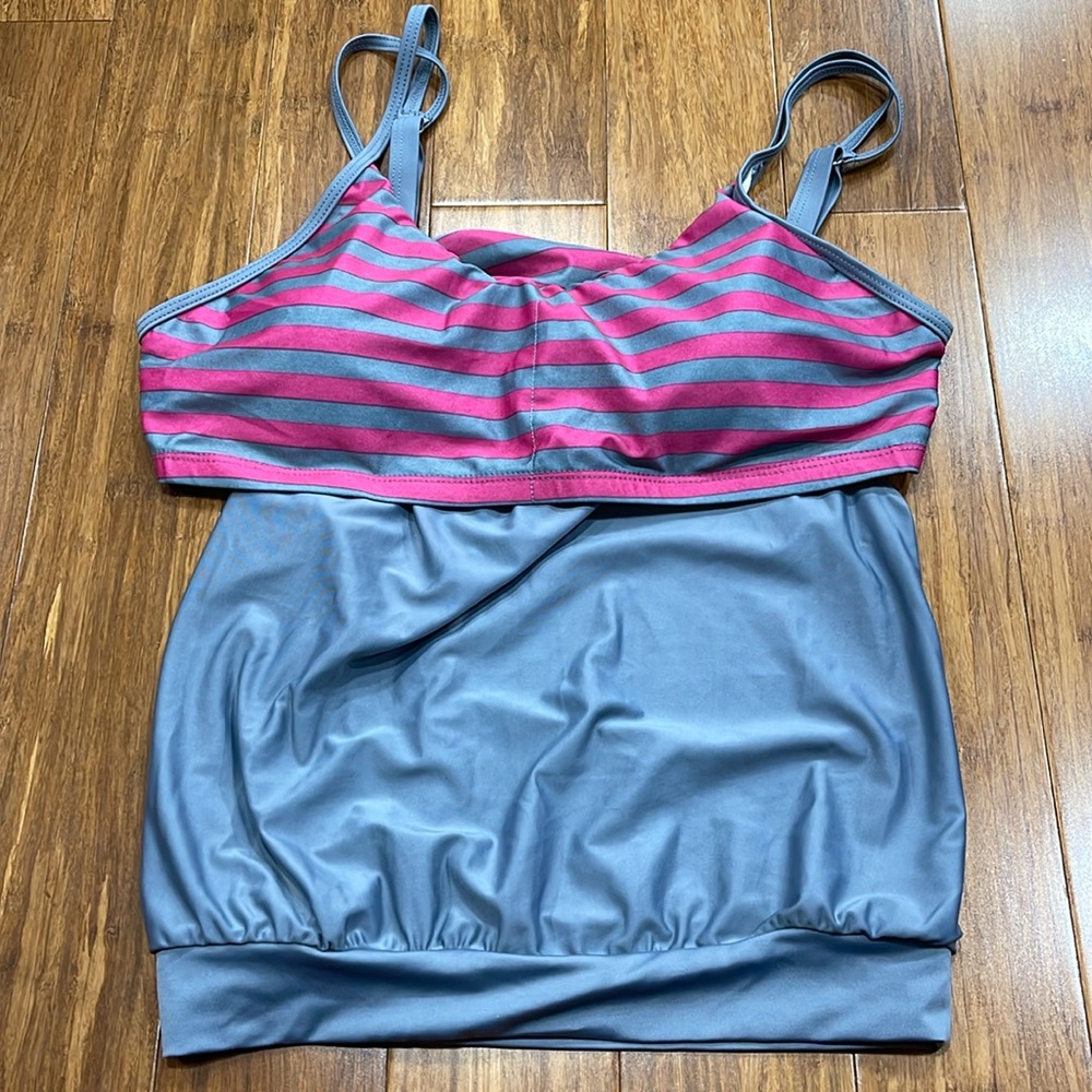 Layered Pink & Gray Striped Tankini Top w/ Adjustable Straps - Size XL
